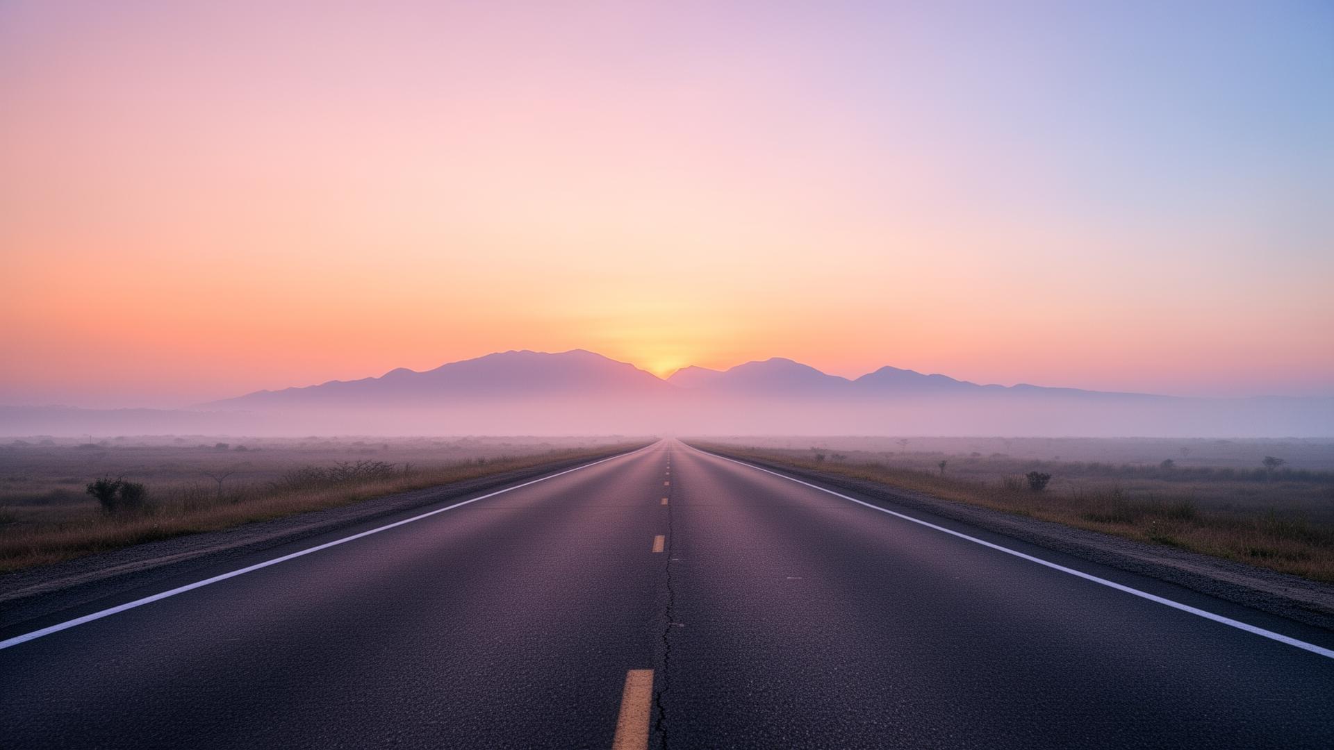 A road stretching toward a warm sunrise horizon